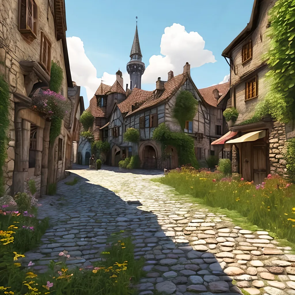 Prompt: High-res hyper-realistic medieval town, many shops and houses, bright sunny sky, lush greenery and abundant flowers, detailed cobblestone streets, detailed stone textures, realistic lighting, professional art style, realistic color tones, atmospheric lighting, medieval, sunny sky, lush greenery, abundant flowers, detailed textures