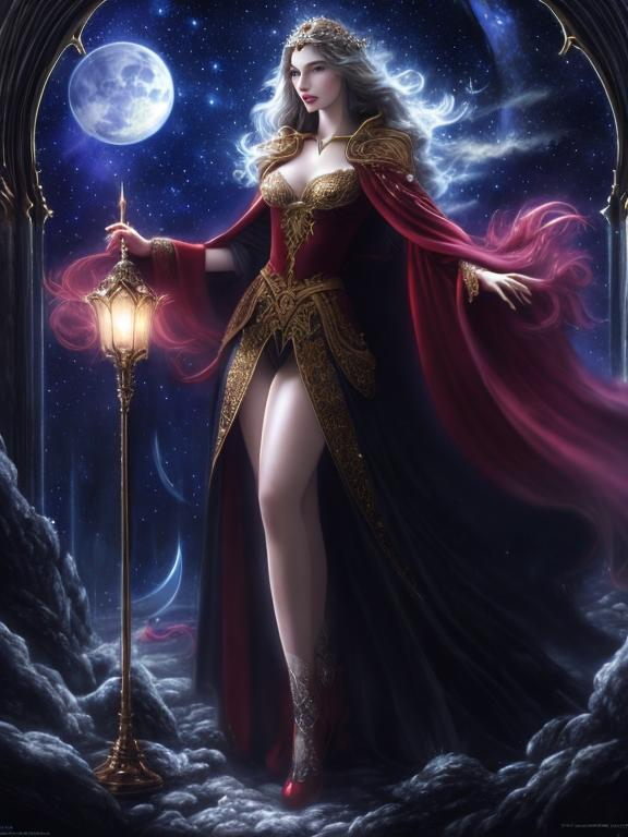 Prompt: 4k ultra high res, highly detailed, a pale white skinned beautiful woman, well defined young and aristocratic faced,   powerful vampire with long scarlet robe flowing in the breeze  standing in front of a towering castle,  her great staff ready as weapons, full body facing the viewer, Luis Royo, Amy Sol style,  with large bright moon and night sky with stars and fluffy clouds 