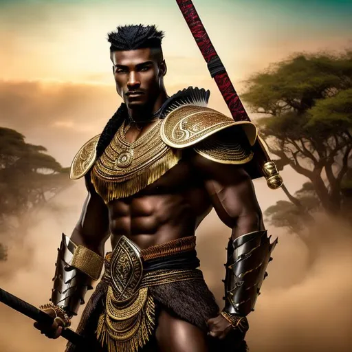 Prompt: A handsome warrior man, a muscular, fit, African, raced young man with straight hair, and dressed in traditional African armor,  style, holding a short sword, ready for battle, with an aggressive stance, with a green hill background behind him 4k ultra high res Luis Royo Amy Sol Style 