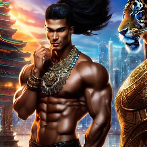 Prompt: A handsome man, and muscular, fit, mixed Korean and Japanese, raced young man with  black straight hair and with large blue eyes dressed in traditional Japanese clothing standing with a beautiful black African woman with dark brown skin, dressed in traditional African style ,with an ancient jungle city background behind her4k ultra high res Luis Royo Amy Sol Style 