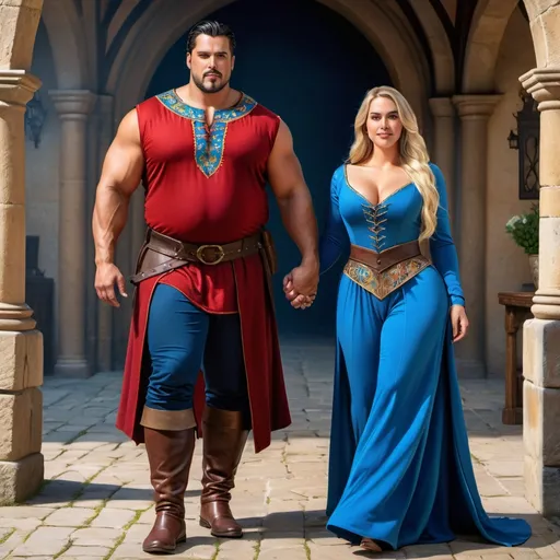 Prompt: a 4k high res ultra detailed, full body, art image of a couple, handsome man with a muscular physique, Mexican colored skin, almond shaped brown eyes, black hair and eyebrows, dressed in medieval tunic and pants, and a beautiful overweight German woman with big belly and chest, dressed in a long blue medieval dress, woman has long blonde hair and blue eyes, and light fair skin, 