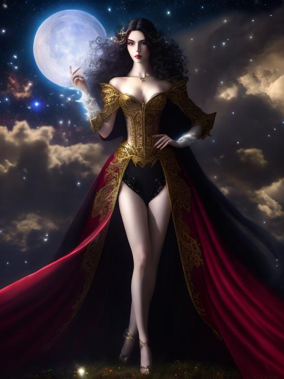 Prompt: 4k ultra high res, highly detailed, a pale white skinned beautiful woman, well defined young and aristocratic faced,   powerful vampire with long scarlet robe , standing in front of a towering castle,  her hands holding a ball of lightening, full body facing the viewer, Luis Royo, Amy Sol style,  with large bright moon and night sky with stars and fluffy clouds 