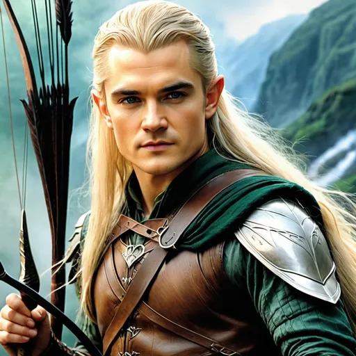 Prompt: 4k ultra detailed, high res, full body image of Legolas from Lord of the rings as portrayed by Orlando Bloom, Luis Royo, and Amy Sol, style art