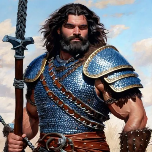 Prompt: oil painting, full body, hairy chested, hairy forearms, strong muscular, male warrior character, wears breastplate, has wavy black hair and blue eyes, wears chain mail pants and armored boots, he holds a large axe he is ready for battle  