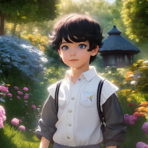 Prompt: 4k ultra high res, highly detailed, an adorable little 3 year old boy with black short hair and big anime style bright blue eyes, standing in front of a Victorian manor, with beautiful luch garden,  full body facing the viewer, Luis Royo, Amy Sol style,  a bright sunny sky with fluffy clouds 