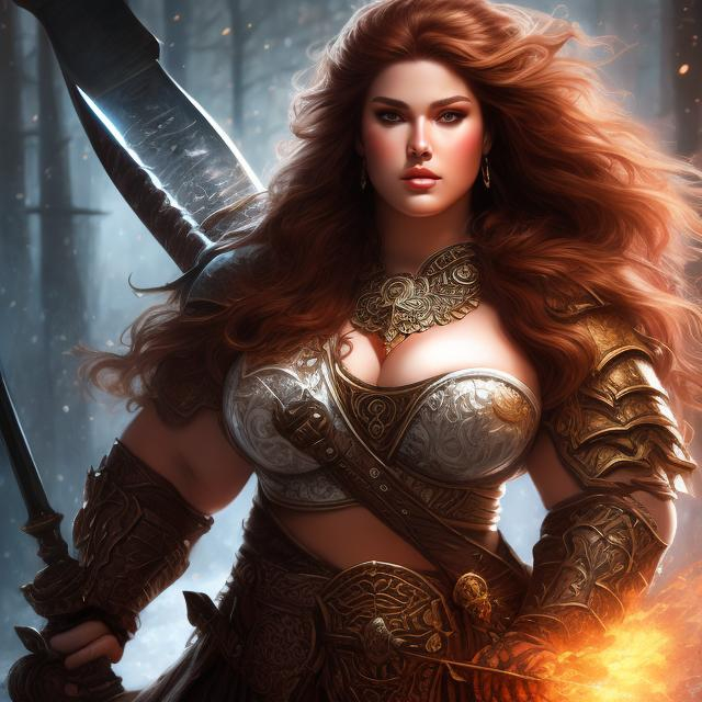 Prompt: Painting of a heavyweight woman, large chest long  red hair, round chubby face, detailed facial structure, full body rendering, wielding a large axe dressed in armor  Luis Royo, Amy Sol style, neon color scheme, barbarian, warrior, ready for battle, highres, detailed, powerful, warrior woman, artistic, full body rendering