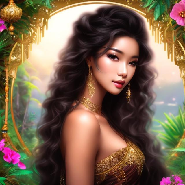 Prompt: A beautiful mixed African and Asian raced young woman with long black wavy hair and dark brown skin with large brown eyes  dressed in traditional Korean clothing standing with a jungle background behind her4k ultra high res Luis Royo Amy Sol Style 