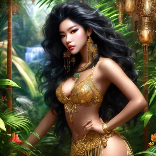 Prompt: A beautiful mixed Korean and African raced young woman with long black hair and dark skin with large brown eyes  dressed in traditional Korean clothing standing with a jungle background behind her4k ultra high res Luis Royo Amy Sol Style 