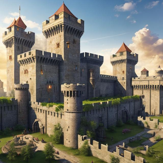 Prompt: High-res hyper-realistic medieval fortress, towering structure with 4 impressive towers, large square main building, bright sunny sky, lush greenery and abundant flowers, detailed stone textures, realistic lighting, professional art style, realistic color tones, atmospheric lighting, medieval, fortress, 4 towers, sunny sky, lush greenery, abundant flowers, detailed textures