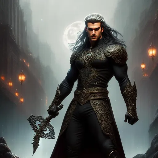 Prompt: 4k ultra res higly detailed image of a muscled built man with long hair, dressed in black clothing, wielding a intricately detailed dagger, in a Luis Royo, Amy Sol style, neon color scheme, detailed facial structure, full body rendering, highres, detailed, powerful, artistic, powerful, high res lighting standing with a moonlight background with twinkling stars in hte night sky