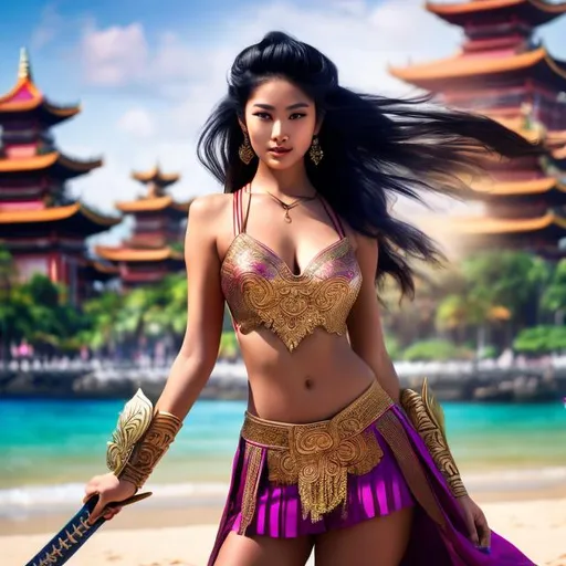 Prompt: A beautiful warrior woman, fit and curvy Somalin , raced young woman with straight hair, and dressed in traditional Asian armor,  style, holding a short sword, ready for battle, with an aggressive stance, with a lush and vibrant beach background behind her 4k ultra high res Luis Royo Amy Sol Style 