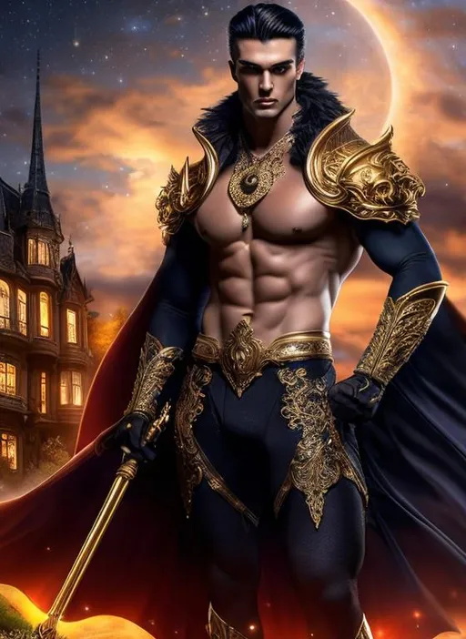 Prompt: 4k ultra high res, highly detailed, a handsome male with pale white skinned well muscled and  defined body builder  physique, young and aristocratic faced, powerful vampire standing in front of a Victorian manor, great staff ready as weapons, full body facing the viewer, Luis Royo, Amy Sol style,  with large bright moon and night sky with twinkling stars and  fluffy clouds 