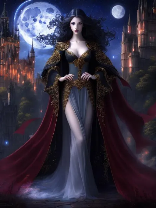 Prompt: 4k ultra high res, highly detailed, a pale white skinned beautiful woman, well defined young and aristocratic faced,   powerful vampire with long scarlet robe flowing in the breeze  standing in front of a towering castle,  her great staff ready as weapons, full body facing the viewer, Luis Royo, Amy Sol style,  with large bright moon and night sky with stars and fluffy clouds 