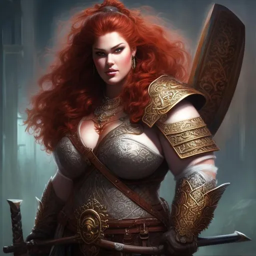 Prompt: Painting of a heavyweight woman, large chest long  red hair, round chubby face, detailed facial structure, full body rendering, wielding a large axe dressed in armor  Luis Royo, Amy Sol style, neon color scheme, barbarian, warrior, ready for battle, highres, detailed, powerful, warrior woman, artistic, full body rendering