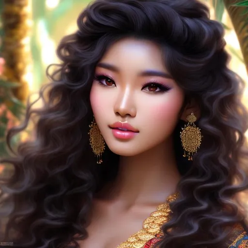 Prompt: A beautiful mixed Korean and African raced young woman with long black wavy hair and dark brown skin with large brown eyes  dressed in traditional Korean clothing standing with a jungle background behind her4k ultra high res Luis Royo Amy Sol Style 