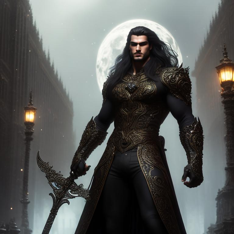 Prompt: 4k ultra res higly detailed image of a muscled built man with long hair, dressed in black clothing, wielding a intricately detailed dagger, in a Luis Royo, Amy Sol style, neon color scheme, detailed facial structure, full body rendering, highres, detailed, powerful, artistic, powerful, high res lighting standing with a moonlight background with twinkling stars in hte night sky