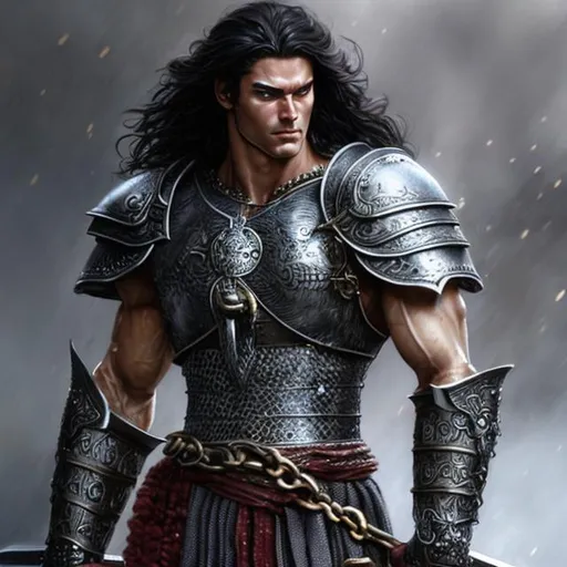 Prompt: Realistic full body male warrior character in Luis Royo, Amy Sol style, strong and muscular, long black hair, piercing blue eyes, wearing breastplate, chain mail pants, armored boots, holding a large axe, ready for battle, detailed armor, intense and focused gaze, high quality, realistic, detailed hair, muscular physique, warrior, Luis Royo, Amy Sol, armor details, intense expression, battle-ready, professional lighting with a grassy green hill background