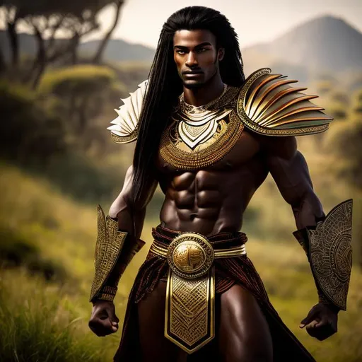 Prompt: A handsome warrior man, a muscular, fit, African, raced young man with straight hair, and dressed in traditional African armor,  style, holding a short sword, ready for battle, with an aggressive stance, with a green hill background behind him 4k ultra high res Luis Royo Amy Sol Style 