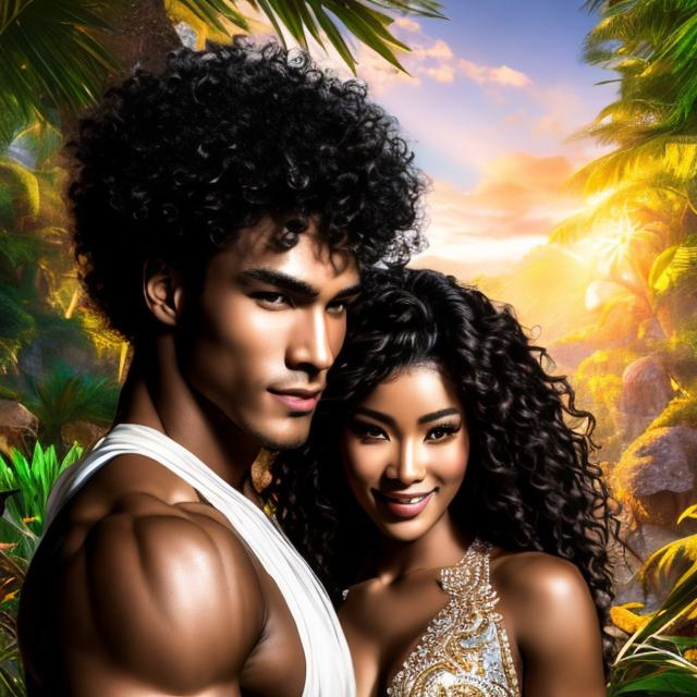 Prompt: A handsome man, and muscular, fit, mixed African, and Asian, raced young man with  black wavy hair and dark brown skin with large brown eyes   standing with a beautiful African woman dressed in traditional Korean style with a jungle background behind her4k ultra high res Luis Royo Amy Sol Style 
