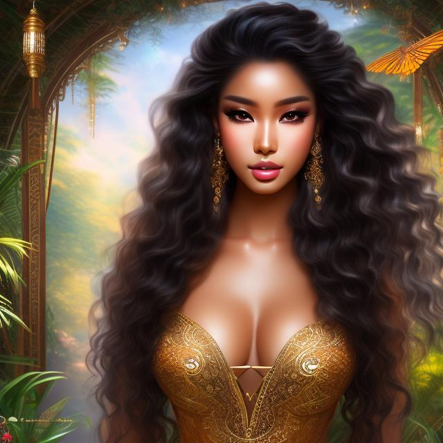 Prompt: A beautiful mixed African and Asian raced young woman with long black wavy hair and dark brown skin with large brown eyes  dressed in traditional Korean clothing standing with a jungle background behind her4k ultra high res Luis Royo Amy Sol Style 