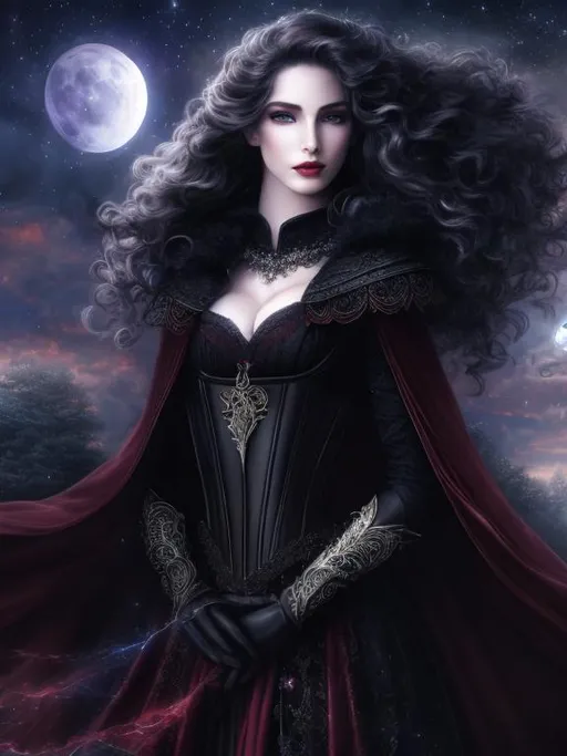 Prompt: 4k ultra high res, highly detailed, a pale white skinned beautiful woman, well defined young and aristocratic faced,   powerful vampire with long scarlet robe , standing in front of a towering castle,  her hands holding a ball of lightening, full body facing the viewer, Luis Royo, Amy Sol style,  with large bright moon and night sky with stars and fluffy clouds 