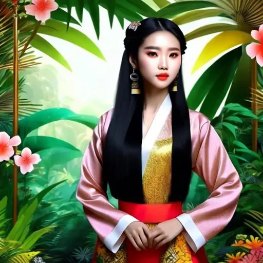 Prompt: A beautiful mixed Korean and African raced young woman with long black hair and dressed in traditional Korean clothing standing with a jungle background behind her