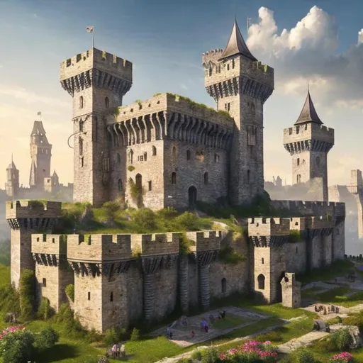 Prompt: High-res hyper-realistic medieval fortress, towering structure with 4 impressive towers, large square main building, bright sunny sky, lush greenery and abundant flowers, detailed stone textures, realistic lighting, professional art style, realistic color tones, atmospheric lighting, medieval, fortress, 4 towers, sunny sky, lush greenery, abundant flowers, detailed textures