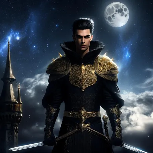 Prompt: 4k ultra high res, highly detailed, a handsome well defined young and aristocratic faced, powerful vampire floating off a stone castle wall with swords ready as weapons, full body facing the viewer, Luis Royo, Amy Sol style,  with large bright moon and night sky with twinkling stars and light fluffy clouds in the night sky 