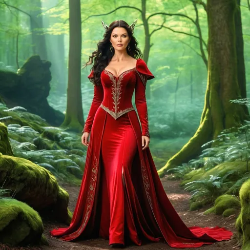 Prompt: 4k ultra detailed, high res, full body image of 18 year old Catharine Zeta Jones as a medieval elf woman in a red medieval gown, Luis Royo, and Amy Sol, style art, background a magical forest 