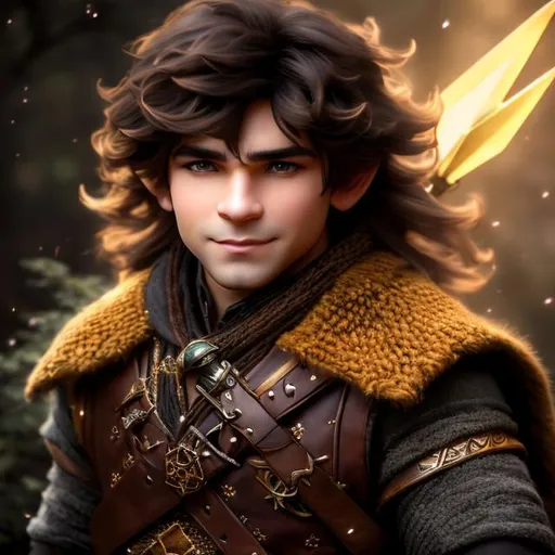 Prompt: An ultra realistic 4k highres  D&D male halfling dressed in brown tunic and pants  with a tattered black scarf wrapped around their neck with brown hair and large dark eyes, a small brown goatee, drawn Luis Royo Amy Sol style, with a crossbow on his back, and quiver with arrows he is standing in a bright field with lots of flowers 