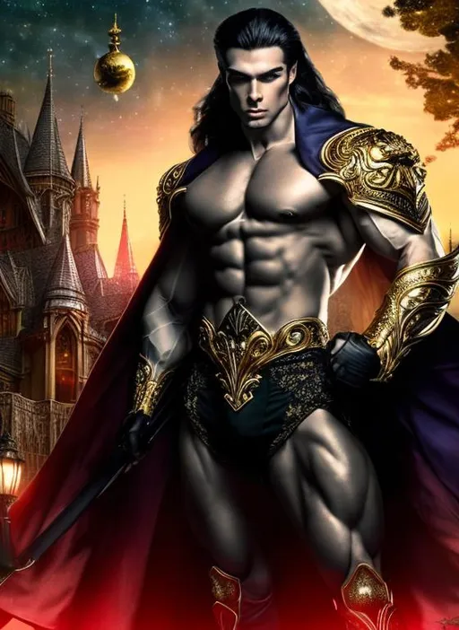 Prompt: 4k ultra high res, highly detailed, a handsome male with pale albino skinned well muscled and  defined body builder  physique, young and aristocratic faced, with pale green eyes, a powerful vampire standing in front of a Victorian manor, great staff ready as weapons, full body facing the viewer, Luis Royo, Amy Sol style,  with large bright moon and night sky with twinkling stars and  fluffy clouds 