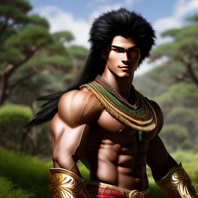 Prompt: A handsome man, and muscular, fit,  Japanese, raced young man with straight hair, and dressed in  dressed in traditional African armor,  style, holding a short sword, ready for battle, with an aggressive stance, with a green hill background behind him 4k ultra high res Luis Royo Amy Sol Style 