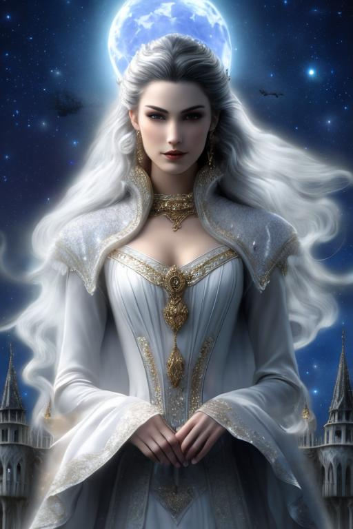 Prompt: 4k ultra high res, highly detailed, a handsome pale white skinned well defined young and aristocratic faced, powerful vampire standing in front of a castle, great staff ready as weapons, full body facing the viewer, Luis Royo, Amy Sol style,  with large bright moon and night sky with twinkling stars and  fluffy clouds 