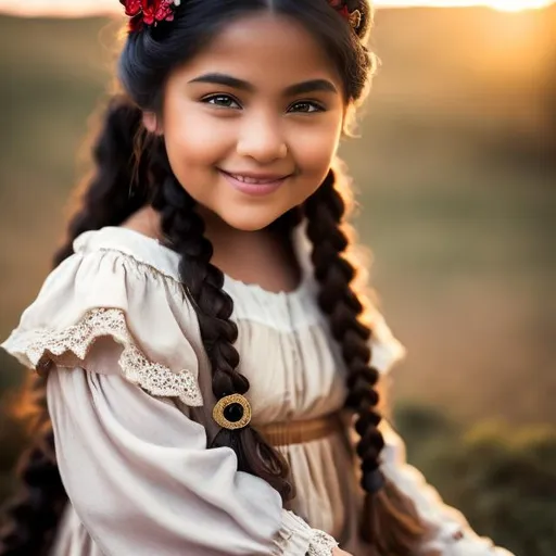 Prompt: A 4k highres full body  highly detailed with  a Luis Royo and Amy sol style, image of a medieval overweight 8 year old girl, with a round shaped face and full cheeks, with light skin, with braided light brown ponytails, she is dressed in a simple medieval dress, with big smile and innocent large round blue eyes, 