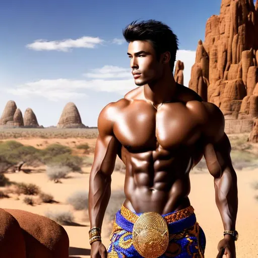 Prompt: A handsome man, and muscular, fit,  Japanese, raced young man with  black straight hair, and dressed in  dressed in traditional African style, with a savannah  desert background behind him 4k ultra high res Luis Royo Amy Sol Style 
