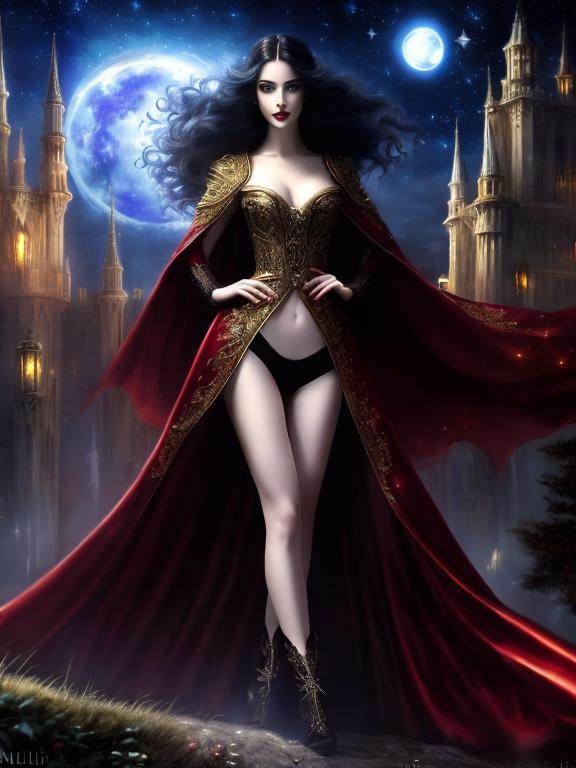 Prompt: 4k ultra high res, highly detailed, a pale white skinned beautiful woman, well defined young and aristocratic faced,   powerful vampire with long scarlet robe , standing in front of a towering castle,  her hands holding a ball of lightening, full body facing the viewer, Luis Royo, Amy Sol style,  with large bright moon and night sky with stars and fluffy clouds 