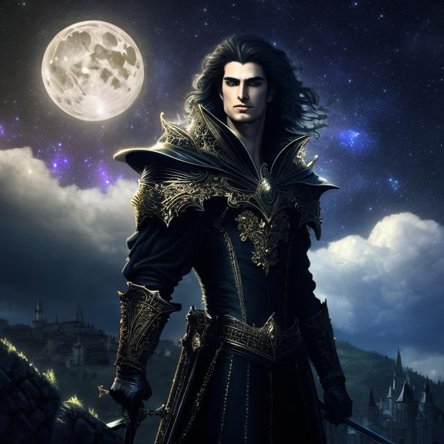 Prompt: 4k ultra high res, highly detailed, a handsome well defined young and aristocratic faced, powerful vampire floating off a stone castle wall with swords ready as weapons, full body facing the viewer, Luis Royo, Amy Sol style,  with large bright moon and night sky with twinkling stars and light fluffy clouds in the night sky 