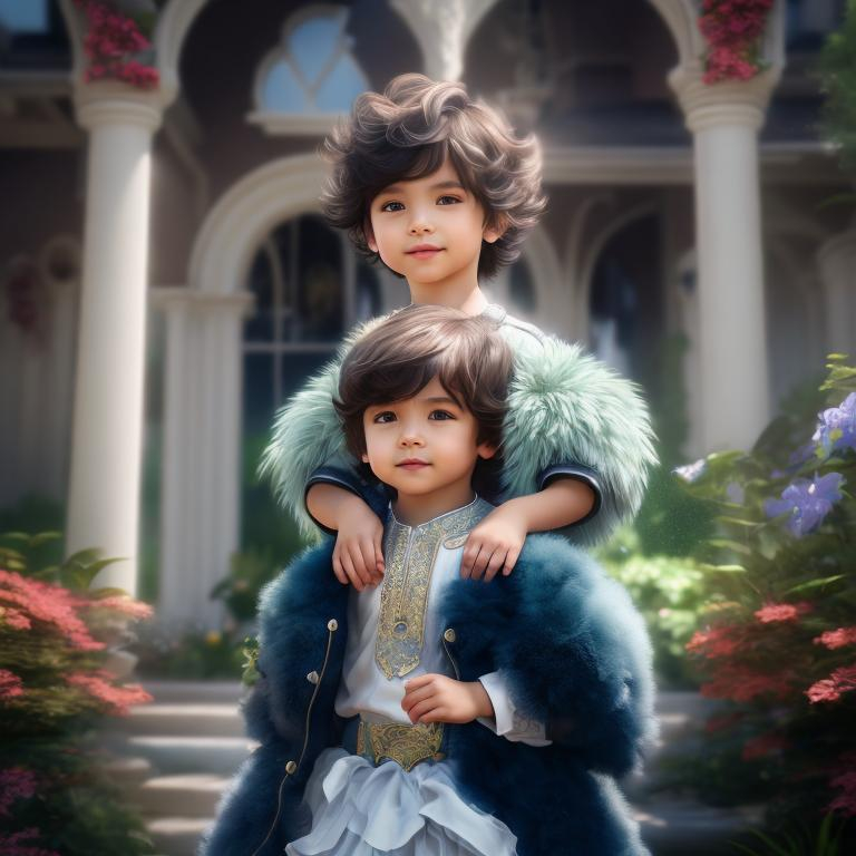 Prompt: 4k ultra high res, highly detailed, an adorable little 3 year old boy with brown short hair and big bright green eyes, standing in front of a Victorian manor, with beautiful luch garden,  full body facing the viewer, Luis Royo, Amy Sol style,  a bright sunny sky with fluffy clouds 