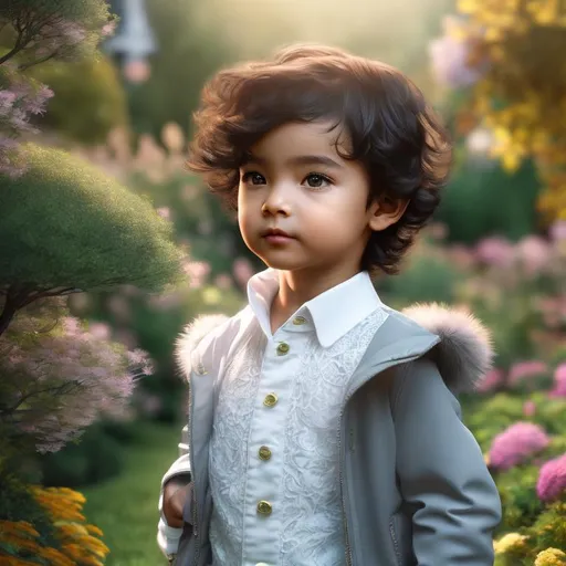 Prompt: 4k ultra high res, highly detailed, an adorable little 3 year old boy with brown short hair and big bright green eyes, standing in front of a Victorian manor, with beautiful luch garden,  full body facing the viewer, Luis Royo, Amy Sol style,  a bright sunny sky with fluffy clouds 