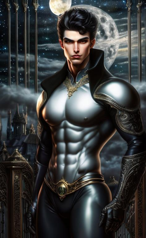 Prompt: 4k ultra high res, highly detailed, a handsome male with pale albino skinned well muscled and  defined slender physique, young and aristocratic faced, with pale green eyes, a powerful vampire standing in front of a Victorian manor, full body facing the viewer, Luis Royo, Amy Sol style,  with large bright moon and night sky with twinkling stars and  fluffy clouds 