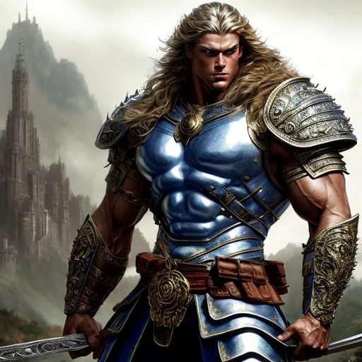 Prompt: Realistic full body male warrior character, strong and muscular, blonde hair, blue eyes, wearing leather armor, detailed hair, muscular physique, warrior, Luis Royo, Amy Sol, armor details, battle-ready, grassy hill background, high quality, realistic, detailed, muscular physique, detailed hair, Luis Royo style, Amy Sol style, intense gaze, heroic stance, armor details, professional, ambient lighting