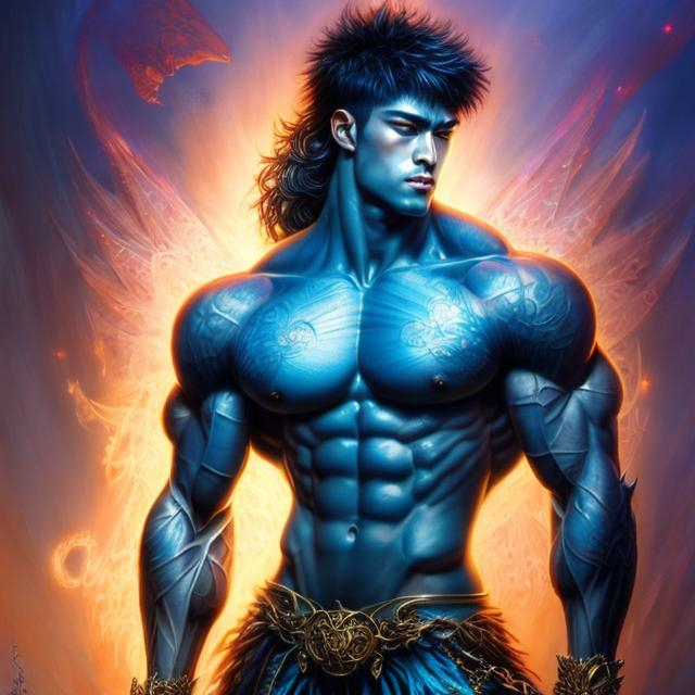 Prompt: fantasy art, neon colored,  Luis Royo, Amy Sol style, intricate, hyper-detailed,  bare chested strong muscular, attractive Asian male bodybuilder, male warrior character, muscular jawline, angelic face, beautiful, masculine face, full body pose, muscular legs, high resolution, leather Pteruges  detailed images, clear sharp resolution, short hair, no-armor, barbarian, holding a with an aggressive stance sword, weapon, greatsword