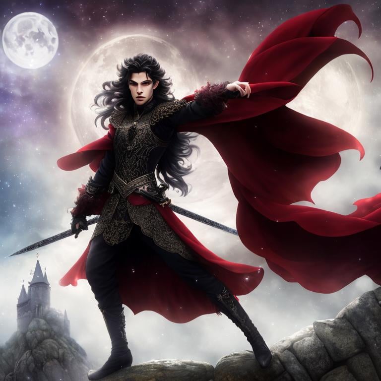 Prompt: 4k ultra high res, highly detailed, a handsome well defined young and aristocratic faced, powerful vampire with long scarlet robe flowing in the breeze in the chilly night air, floating off a stone castle wall with swords ready as weapons, full body facing the viewer, Luis Royo, Amy Sol style,  with large bright moon and night sky with twinkling stars and light fluffy clouds in the night sky 