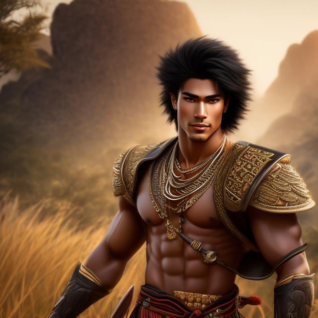 Prompt: A handsome man, and muscular, fit,  Japanese, raced young man with  black straight hair, and dressed in  dressed in traditional African armor,  style, holding a short sword, with a savannah  plains background behind him 4k ultra high res Luis Royo Amy Sol Style 