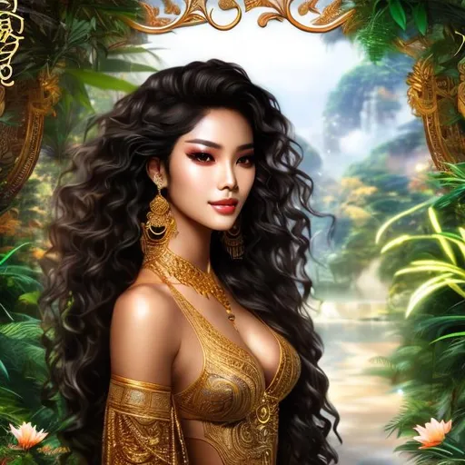 Prompt: A handsome and fit mixed African and Asian raced young man with  black wavy hair and dark brown skin with large brown eyes  dressed in traditional Korean clothing standing with a jungle background behind her4k ultra high res Luis Royo Amy Sol Style 