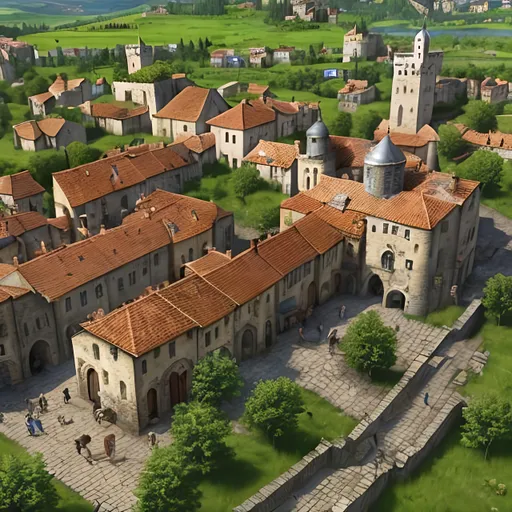 Prompt: High-res hyper-realistic medieval town, many shops and houses, bright sunny sky, lush greenery and abundant flowers, detailed cobblestone streets, detailed stone textures, realistic lighting, professional art style, realistic color tones, atmospheric lighting, medieval, sunny sky, lush greenery, abundant flowers, detailed textures
