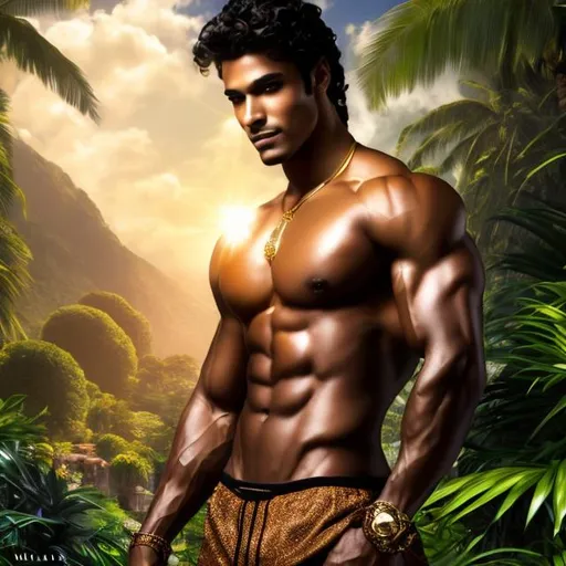 Prompt: A handsome man, and muscular, fit, mixed African, and Asian, raced young man with  black wavy hair and dark brown skin with large brown eyes  no top with loose white harem pants and gold bangles on his ankles and bare foot standing with a jungle background behind her4k ultra high res Luis Royo Amy Sol Style 