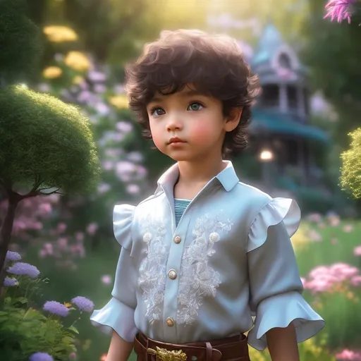 Prompt: 4k ultra high res, highly detailed, an adorable little 3 year old boy with brown short hair and big bright green eyes, standing in front of a Victorian manor, with beautiful luch garden,  full body facing the viewer, Luis Royo, Amy Sol style,  a bright sunny sky with fluffy clouds 