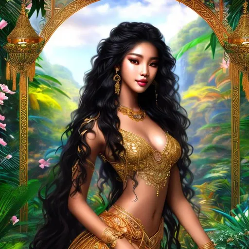 Prompt: A beautiful mixed Korean and African raced young woman with long black wavy hair and dark brown skin with large brown eyes  dressed in traditional Korean clothing standing with a jungle background behind her4k ultra high res Luis Royo Amy Sol Style 