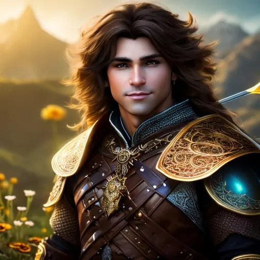 Prompt: An ultra realistic 4k highres  D&D male halfling dressed in brown with brown hair and large dark eyes, drawn Luis Royo Amy Sol style, wearing leather armor with a tattered black scarf wrapped around their neck with a crossbow on his back and quiver with arrows he is standing in a bright field with lots of flowers 